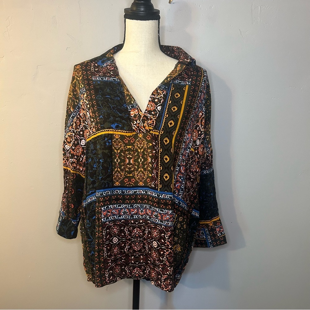 Polly & Esther Boho Multicolor Multiprint 3/4 Sleeve Blouse Medium NWT